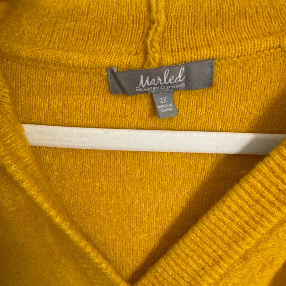 Mustard Yellow Hooded Knit Sweater | Plus Size 2X | Cozy Pocket Pullover - Picture 2 of 4